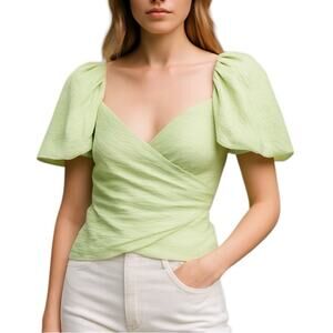 Jonathan Simkhai Plisse Green Faux Wrap Puff Sleeve Blouse 4
